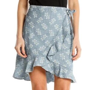 Cotton Ruffle Wrap Mini Skirt in Floral Chambray